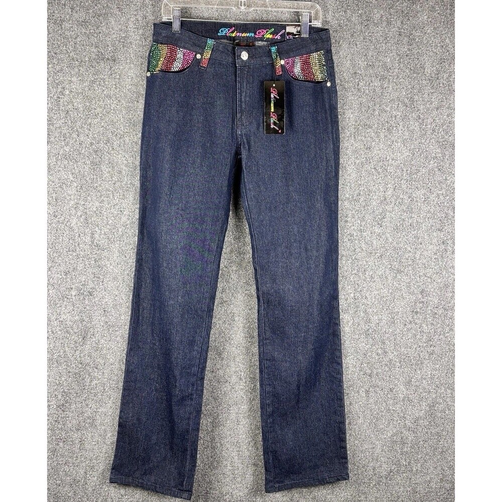 Platinum Plush Jeans Womens 11 Rainbow Rhinestone Pockets Straight Leg NWT Y2K